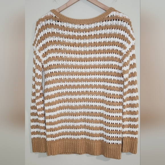 LOFT Sweater Women's M Tan White Striped Open Weave Cotton Blend Long Sleeve - Picture 4 of 5